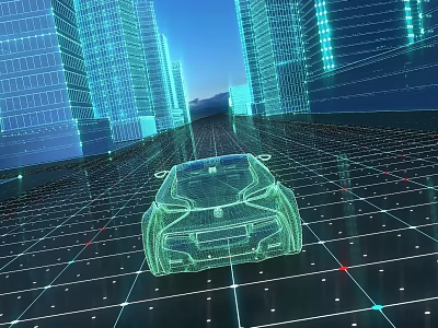 Modern Futuristic Urban Buildings With Transparent Car On Grid Ground Blue Tone 3d model