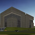 Modern Industrial Factory Building With Glass Curtain Wall Metal Structure Green Lawn Pedestrians Vehicles Trees