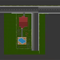 Residential Yard Layout With Green Lawn Red Roof House Blue Pool Driveway And Road