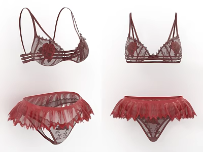 Burgundy Lace Decorated Underwear Set With Bras And Ruffled Panties Design 3d model