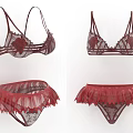 Burgundy Lace Decorated Underwear Set With Bras And Ruffled Panties Design