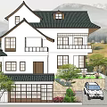 Traditional Chinese Detached Villa With Tile Roof Balconies Mountain Backdrop And Greenery