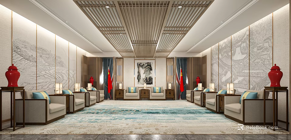 Elegant Chinese Style Hotel Public Lounge Area With Wooden Ceiling And Ink Painting 3d model 