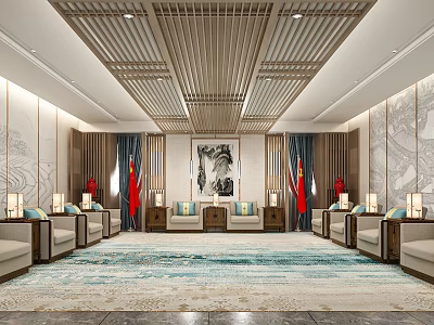 Elegant Chinese Style Hotel Public Lounge Area With Wooden Ceiling And Ink Painting 3d model
