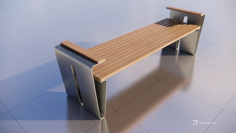 Modern Landscape Bench With Wooden Slat Seat And Metal Support Frame 3d model 