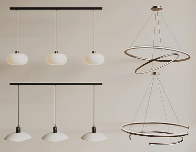 Modern Hanging Pendant Lights With Three White Spherical Shades And Spiral Ring Metal Frame Design 3d model