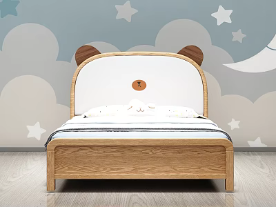 Wooden Children's Bed With Bear Ear Headboard And Star Cloud Wall Decor 3d model