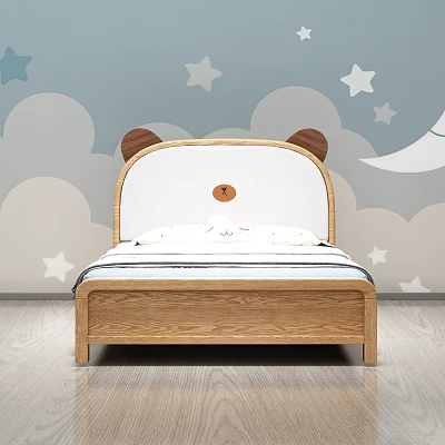 Wooden Children's Bed With Bear Ear Headboard And Star Cloud Wall Decor 3d model