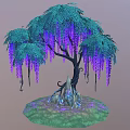 Cartoon Scene With Turquoise Leaf Tree Purple Hanging Flowers And Colorful Ground