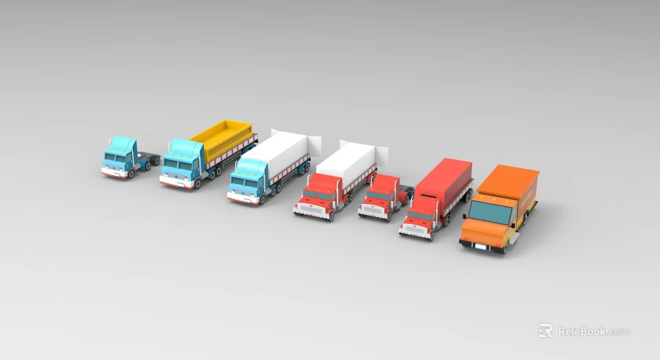 Colorful Truck Models Of Various Types Arranged In A Row With Different Colors 3d model 