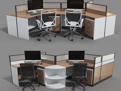 Modern Partitioned Office Workstation Desk With Multiple Workstations Computer Monitors Office Chairs Drawers And Storage 3d model