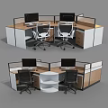 Modern Partitioned Office Workstation Desk With Multiple Workstations Computer Monitors Office Chairs Drawers And Storage