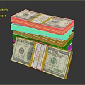 Stacks of 100 Dollar Bills Bound with Yellow Straps Labeled 10000 USD on Dark Surface