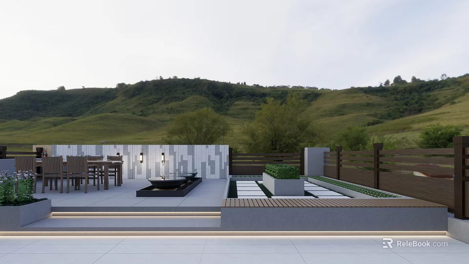 Modern Garden Landscape with Outdoor Terrace Table Chairs Black Fire Pit Steps and Green Hills 3d model 