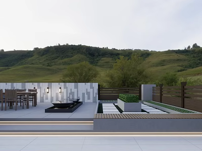 Modern Garden Landscape with Outdoor Terrace Table Chairs Black Fire Pit Steps and Green Hills 3d model
