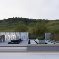 Modern Garden Landscape with Outdoor Terrace Table Chairs Black Fire Pit Steps and Green Hills