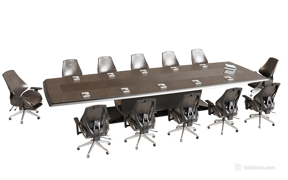 Large Rectangular Conference Table With Black Office Chairs In Meeting Room 3d model