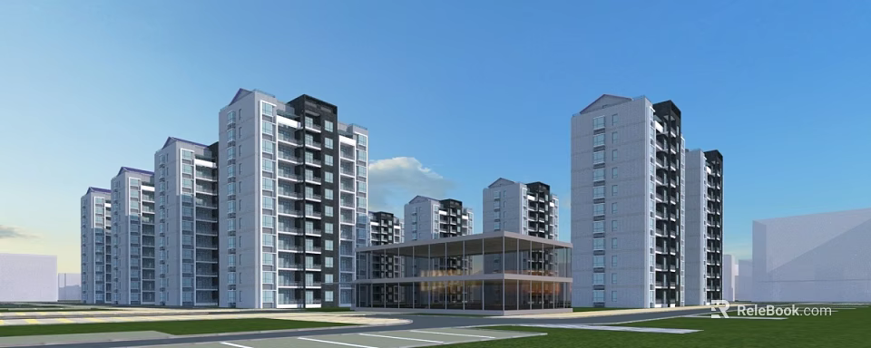 Modern High rise Residential Building Exterior With Glass Facade Balconies And Parking Area 3d model 