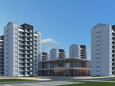Modern High rise Residential Building Exterior With Glass Facade Balconies And Parking Area 3d model