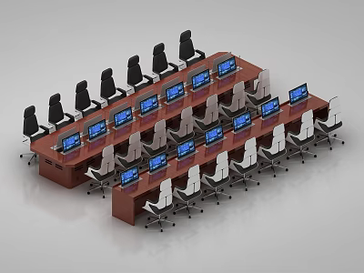 Modern Conference Room Interior With Long Table Computer Monitors And Black White Chairs 3d model