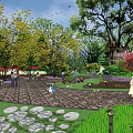 Scenic Park Landscape With Red Umbrellas Outdoor Seating Green Trees And Stone Pavement