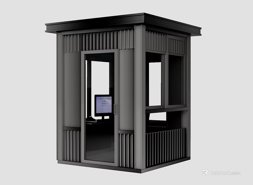 Modern Black Security Booth With Sleek Design Windows And Computer Inside 3d model 
