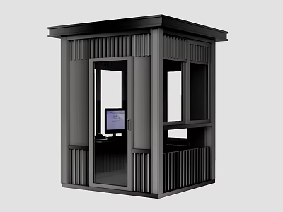 Modern Black Security Booth With Sleek Design Windows And Computer Inside 3d model