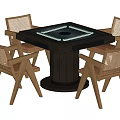 Modern Square Mahjong Entertainment Table with Black Base and Four Wooden Rattan Backrest Chairs