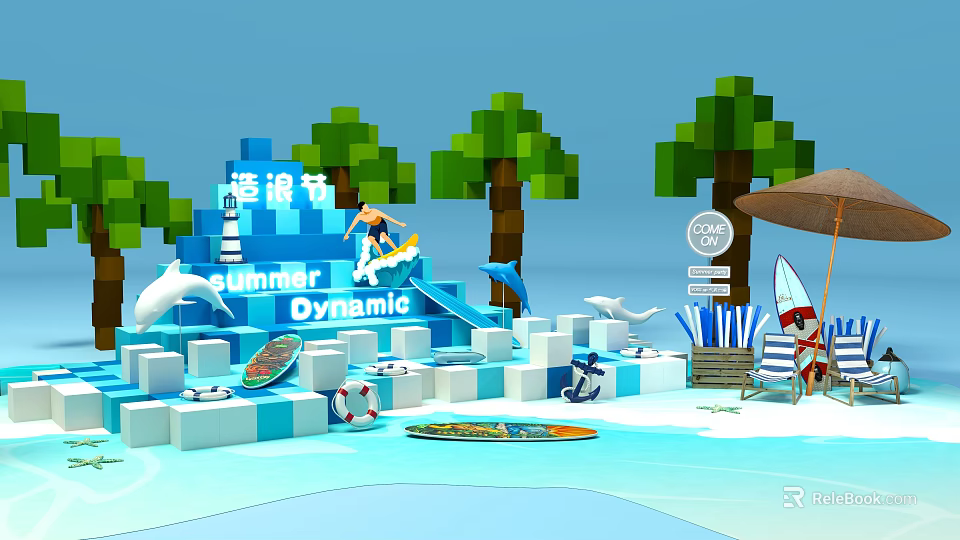 Summer Dynamic Surf Festival Scene With Surfboard Dolphin And Palm Trees 3d model 
