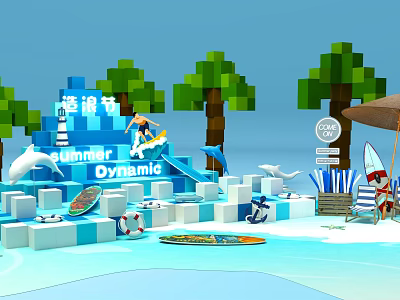 Summer Dynamic Surf Festival Scene With Surfboard Dolphin And Palm Trees 3d model