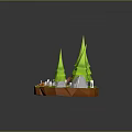 Brown Treasure Chest In 3D Scene With Green Cone Trees Stones Mushrooms On Orange Ground