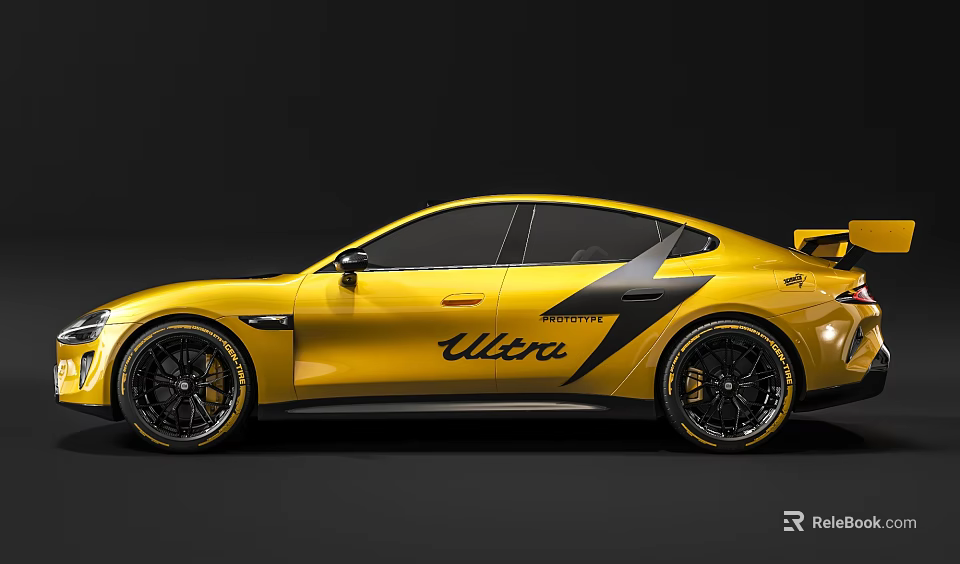 Yellow Ultra Badged Sports Car With Lightning Bolt Graphic And Black Alloy Wheels 3d model 