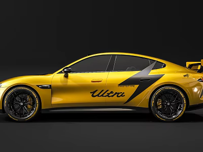 Yellow Ultra Badged Sports Car With Lightning Bolt Graphic And Black Alloy Wheels 3d model