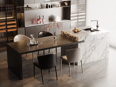Modern Restaurant Interior With Black Dining Table Chairs Marble Island Counter Wine Cabinet And Fruits 3d model
