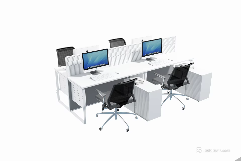 Modern White Office Desk Workstation With Computer Monitors And Black Chairs 3d model 