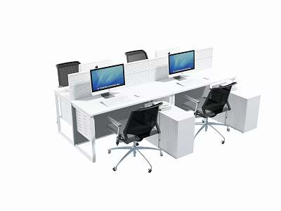 Modern White Office Desk Workstation With Computer Monitors And Black Chairs 3d model