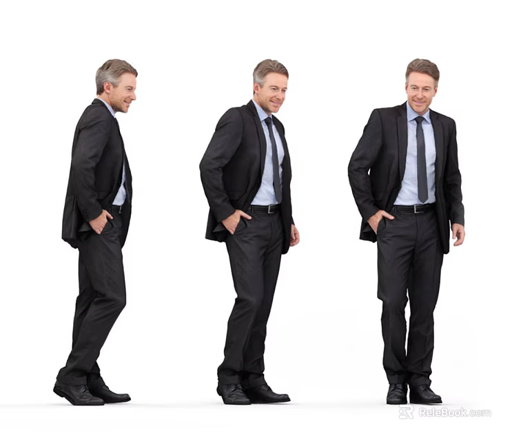 Business Man In Black Suit Standing At Different Angles On White Background 3d model 