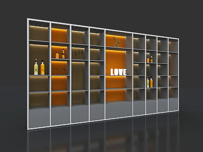 Modern Wine Cabinet With LED Lighting Multiple Shelves Orange Background LOVE Lettering And Wine Bottles 3d model