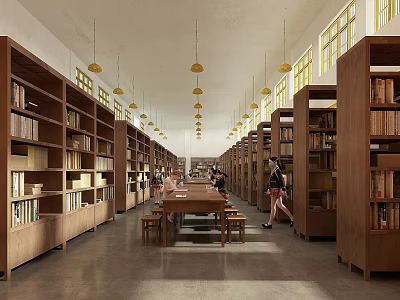 Spacious Library Interior Design With Wooden Bookshelves Long Tables Hanging Lights And People 3d model