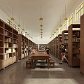 Spacious Library Interior Design With Wooden Bookshelves Long Tables Hanging Lights And People