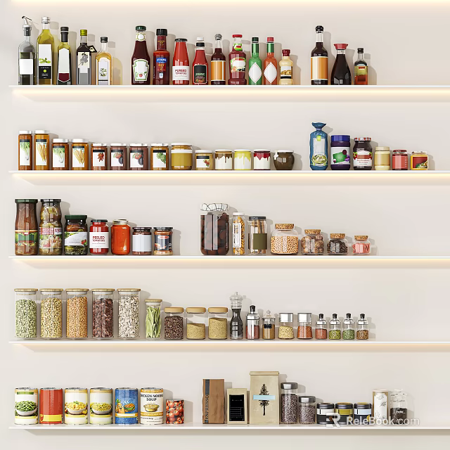 Organized Spice Bottles And Jars Arranged On White Multi Layer Shelves In Modern Kitchen 3d model 