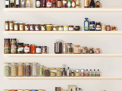 Organized Spice Bottles And Jars Arranged On White Multi Layer Shelves In Modern Kitchen 3d model