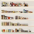 Organized Spice Bottles And Jars Arranged On White Multi Layer Shelves In Modern Kitchen