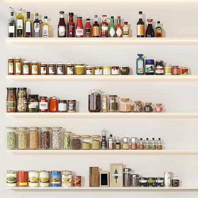 Organized Spice Bottles And Jars Arranged On White Multi Layer Shelves In Modern Kitchen 3d model