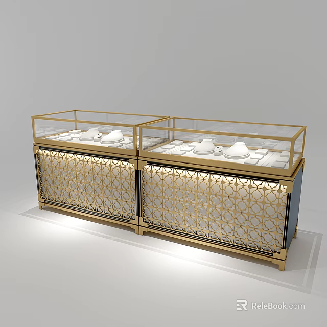 Jewelry Store Display with Golden Cabinets Glass Covers and Elegant Jewelry Inside 3d model 
