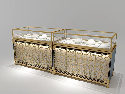 Jewelry Store Display with Golden Cabinets Glass Covers and Elegant Jewelry Inside 3d model