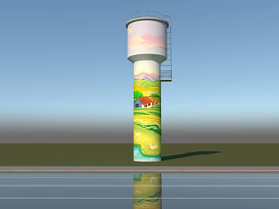 Painted Water Tower With Colorful Mural Featuring Green Field And House Design 3d model