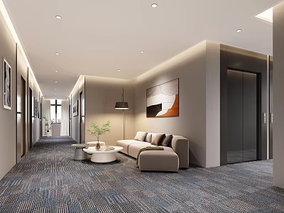 Hotel Corridor Interior Design Featuring Sofa Coffee Table Decorative Painting Carpet And Lighting 3d model