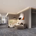 Hotel Corridor Interior Design Featuring Sofa Coffee Table Decorative Painting Carpet And Lighting