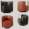 Modern Black and Brown Leather Sofa Stools with Armrests and Round Base 3d model